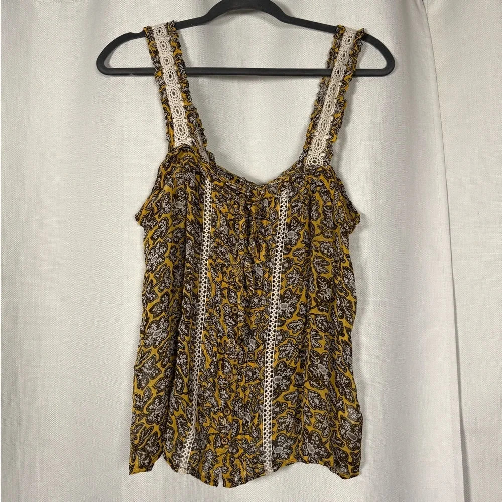 By Anthropologie Sleeveless Yellow and Brown Floral Crochet Bardot Blouse US 10 - Picture 7 of 16